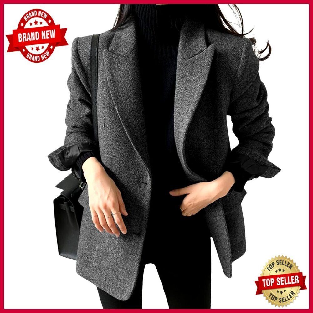 Wool Blend Blazer Jacket Single Breasted Long Sleeve Business Work Coat
